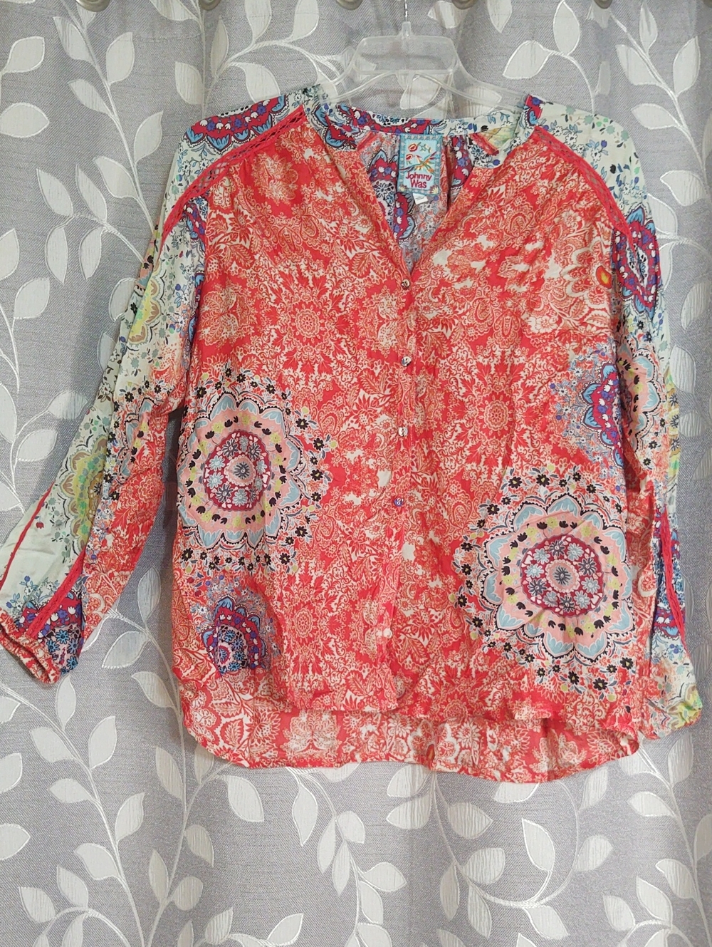 Johnny Was Coral Medallion Print Button-Front Silk Blouse size L